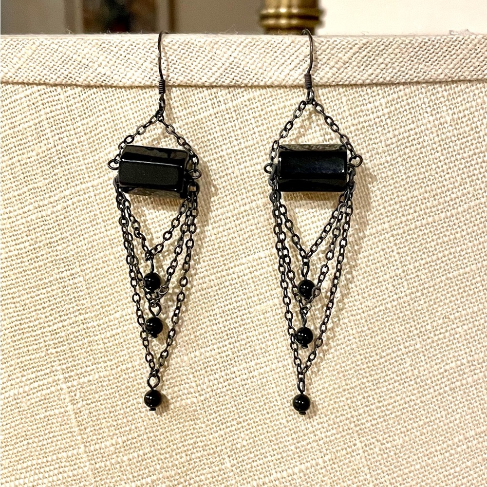 Black bead and chain earrings